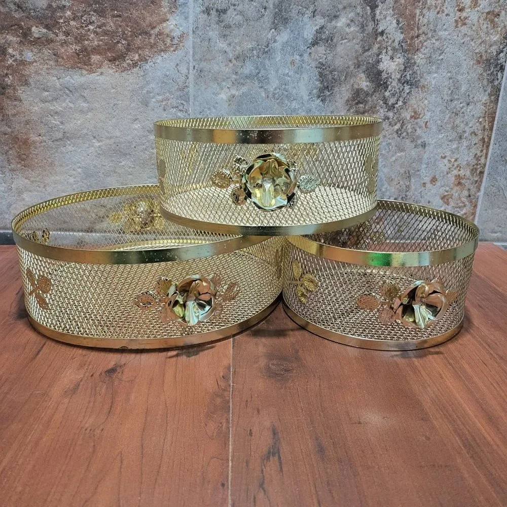 VTG Gold Plated Wire Mesh Baskets Round Metal Trays Rose Leaves Set of 3